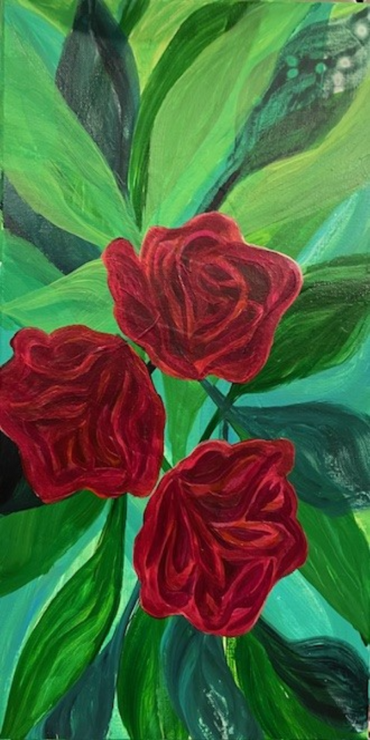 Roses Over Wide Brush Leaves (Print)